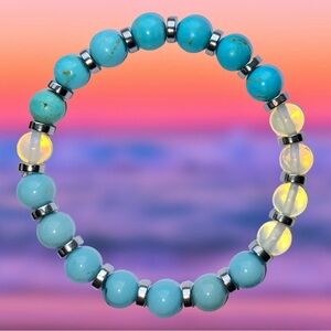 Handmade Genuine LARIMAR, TURQUOISE, OPAL & HEMATITE Gemstone Stretch Bracelet